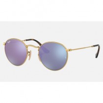 Ray Ban Round Flat Lenses RB3447 Sunglasses Mirror + Gold Frame Lilac Mirror Lens